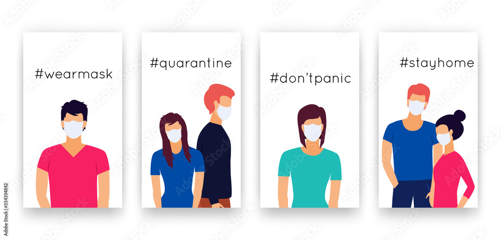 Vector templates set COVID-19 for social media network stories. Vertical posters with hashtags, Chinese Coronavirus 2019-nCoV quarantine, health, hygiene promotion with people wearing face masks Vector templates set COVID-19 for social media network stories. Vertical posters with hashtags, Chinese Coronavirus 2019-nCoV quarantine, health, hygiene promotion with people wearing face masks