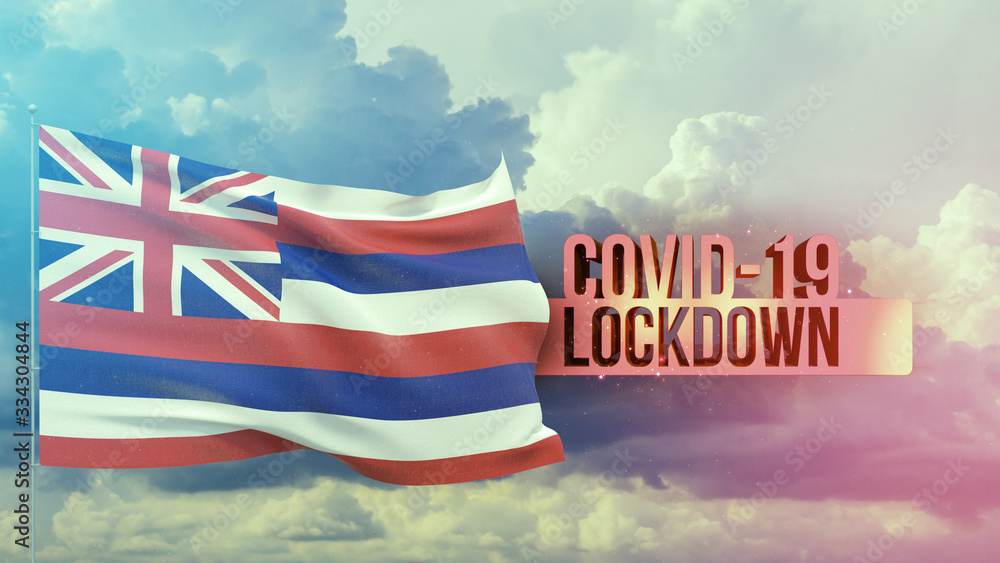 Obraz premium Coronavirus outbreak and coronaviruses influenza lockdown concept with flag of the states of USA. State of Hawaii flag Pandemic 3D illustration.
