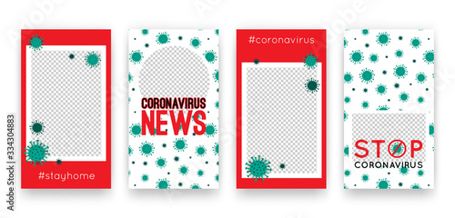 Vector templates set with virus pattern for social media network stories. Vertical posters with Chinese Coronavirus 2019-nCoV. COVID-19 news, outbreak backgrounds, quarantine, pandemia, health concept