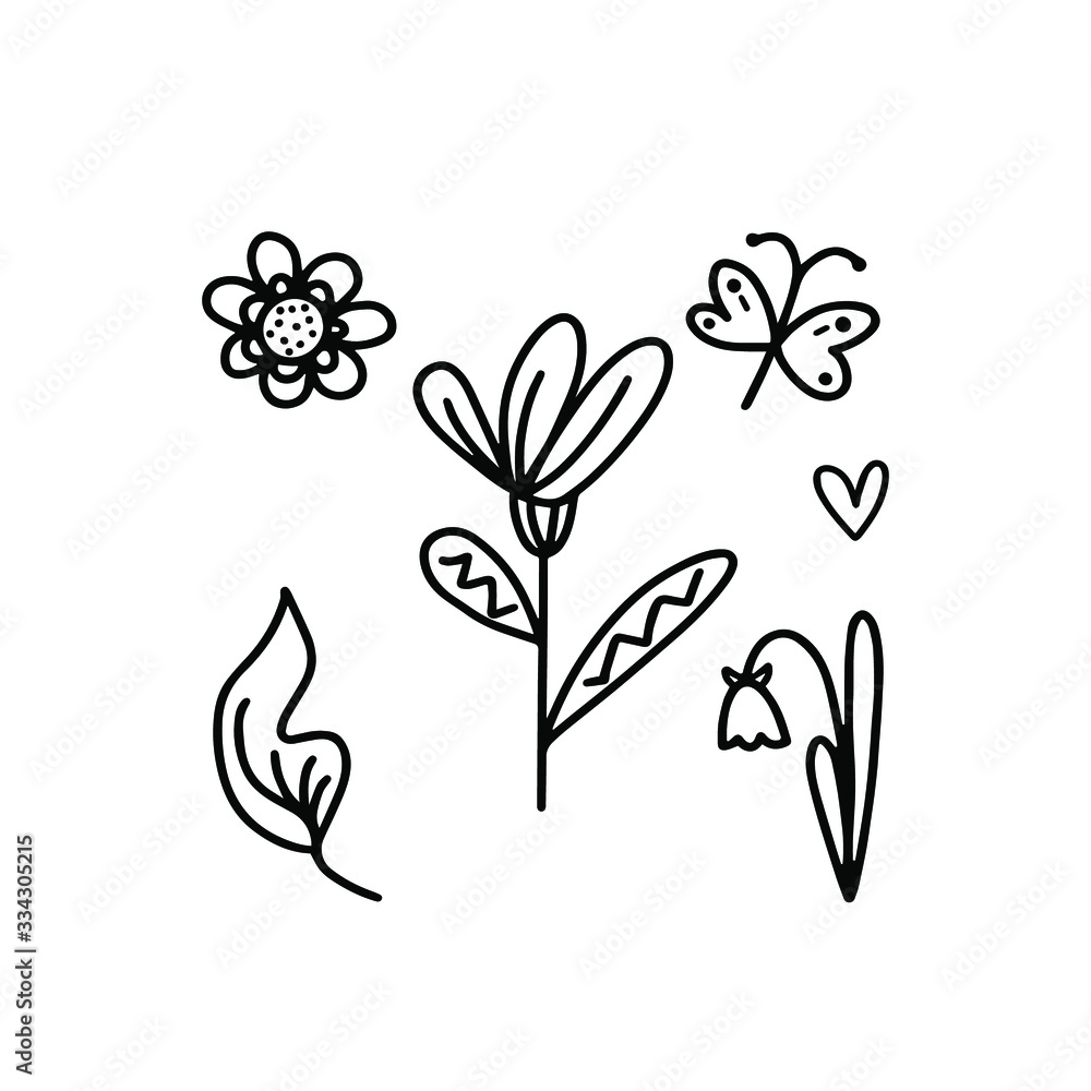 Doodle set of flowers, leaf, butterfly, heart on a white background. Black and white vector illustration of abstract floral elements for your design. Isolated objects on a white background. Doodle set of flowers, leaf, butterfly, heart on a white background. Black and white vector illustration of abstract floral elements for your design. Isolated objects on a white background.
