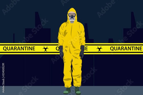 Illustration vector graphic of image man wearing hazmat suits and yellow quarantine tape isolated on empty city street background. Safety virus infection concept. Vector illustration EPS10.
