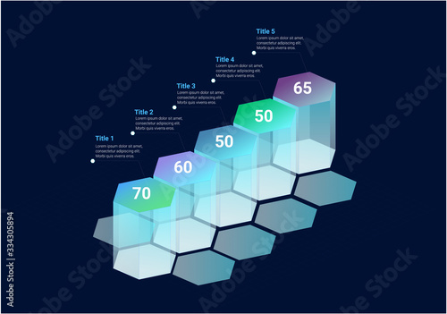 Hexagon shaped 3d bars infographic template on dark background