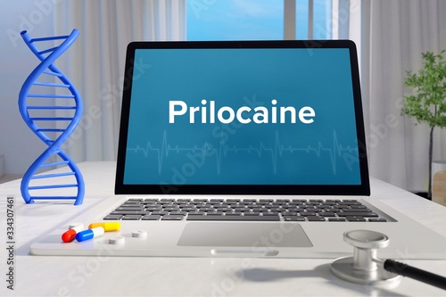 Prilocaine – Medicine/health. Computer in the office with term on the screen. Science/healthcare