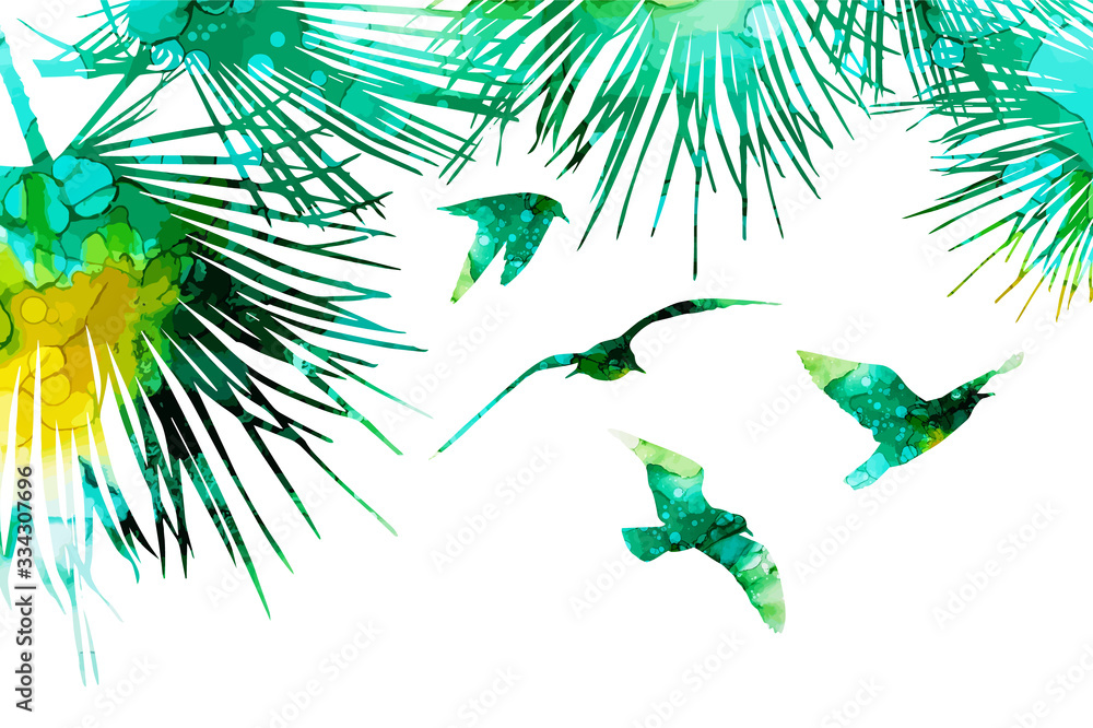 Background with palm leaves and with seagulls. mixed media. Vector illustration