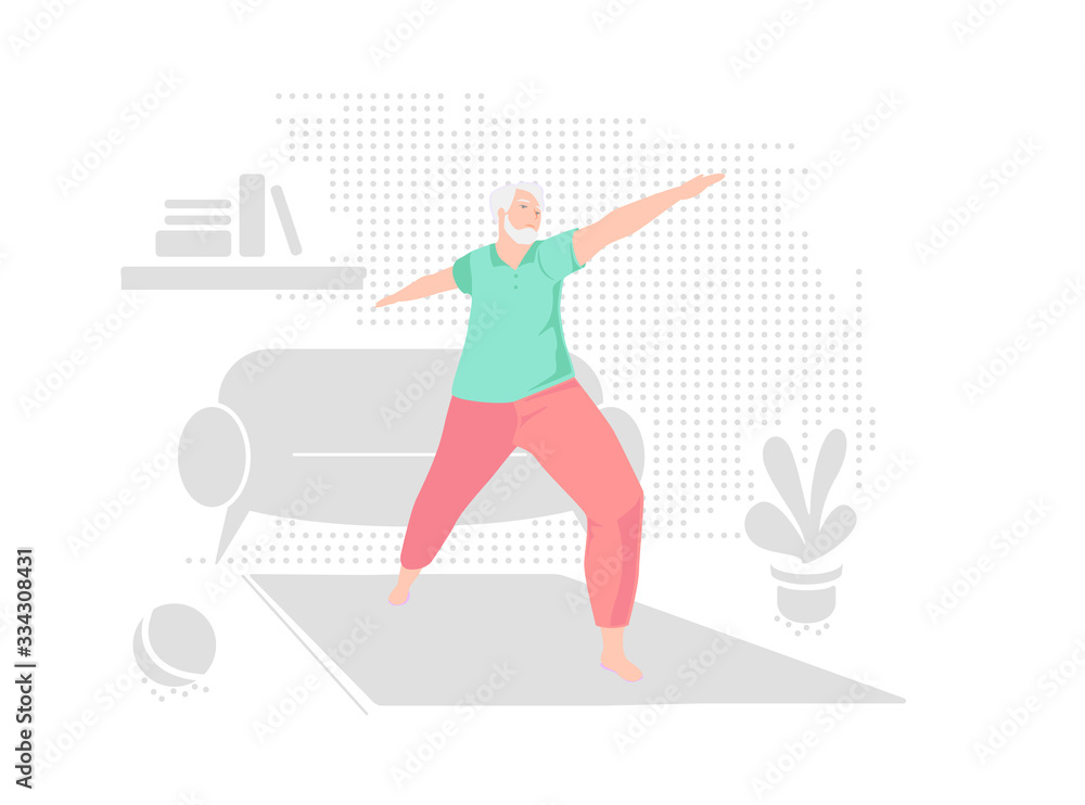 Elderly man alone does yoga at home. Indoor retired leisure. Active healthy lifestyle quarantined. Sport fitness for senior person. Balance training. Old character doing exercises vector illustration