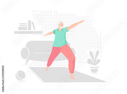 Elderly man alone does yoga at home. Indoor retired leisure. Active healthy lifestyle quarantined. Sport fitness for senior person. Balance training. Old character doing exercises vector illustration