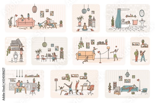 Illustration of tiny people in self isolation, various activities to do at home, like meditation, cooking, home office, exercising etc. - Coronavirus pandemic 2020