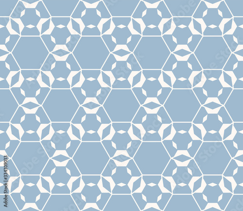 Blue vector geometric seamless pattern. Modern stylish linear texture. Repeatable ornament with hexagonal grid, thin lines, lattice. Simple white and soft blue abstract background. Subtle design