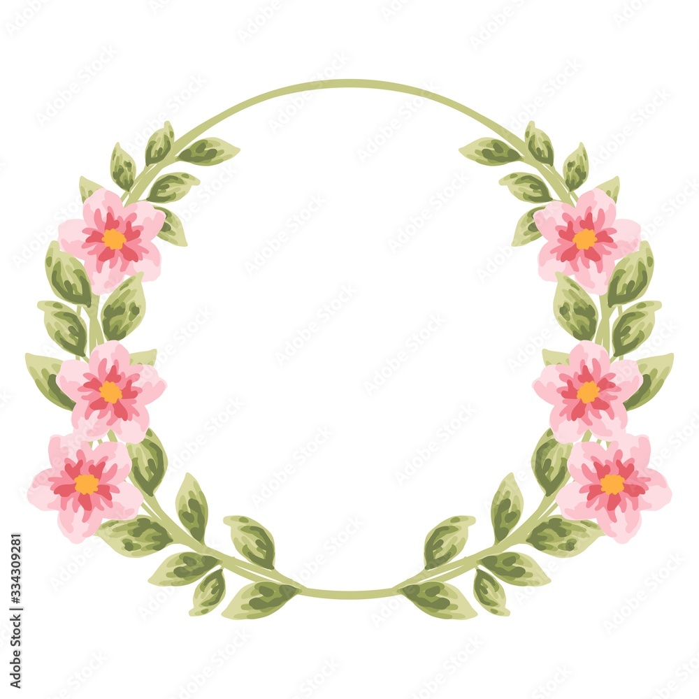 Beautiful and vintage hand drawn sakura flower wreath element. Pink dog-rose flower and green leaf arrangement for wedding invitation or greeting card 