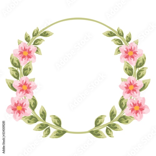Beautiful and vintage hand drawn sakura flower wreath element. Pink dog-rose flower and green leaf arrangement for wedding invitation or greeting card 