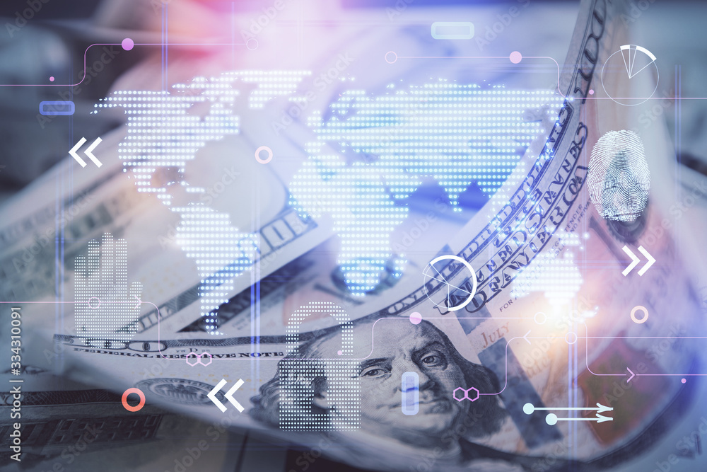 Double exposure of world map drawing over us dollars bill background. International concept. Double exposure of world map drawing over us dollars bill background. International concept.