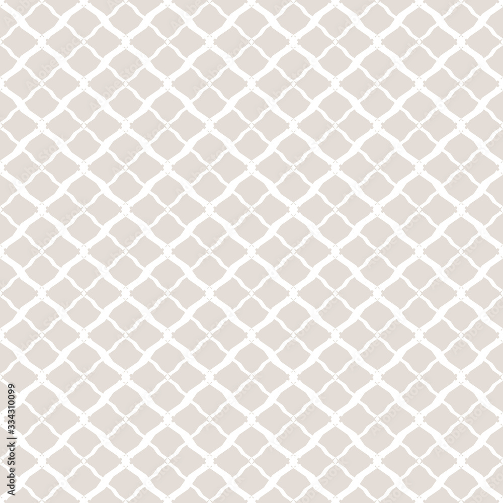 Fototapeta premium Subtle vector geometric seamless pattern. Simple white and light beige texture. Background with mesh, lattice, net, grid, small rhombuses, diamonds. Delicate abstract ornament. Elegant repeat design
