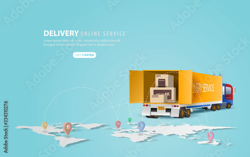 Online delivery service concept, online order tracking,Delivery home and office.City logistics and Warehouse on mobile.Location with yellow delivery truck on map.Banner background.vector illustration