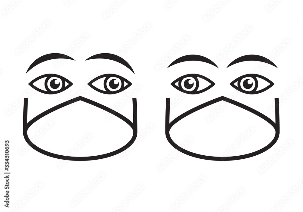 Two faces with medical mask icons, black line face icon isolated on white background, vector illustration.