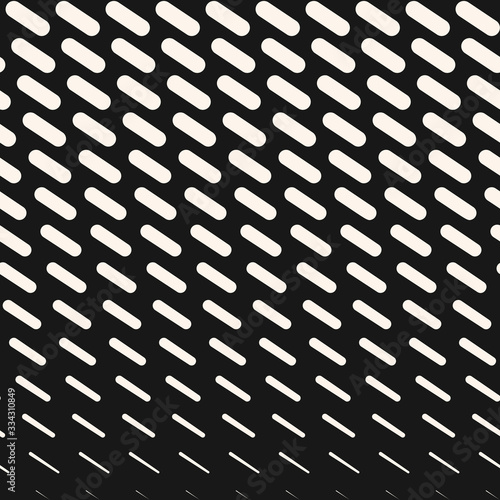 Vector geometric halftone seamless pattern with diagonal dash lines, fading stripes. Vertical gradient transition effect. Extreme sport style background. Abstract black and white repeated texture