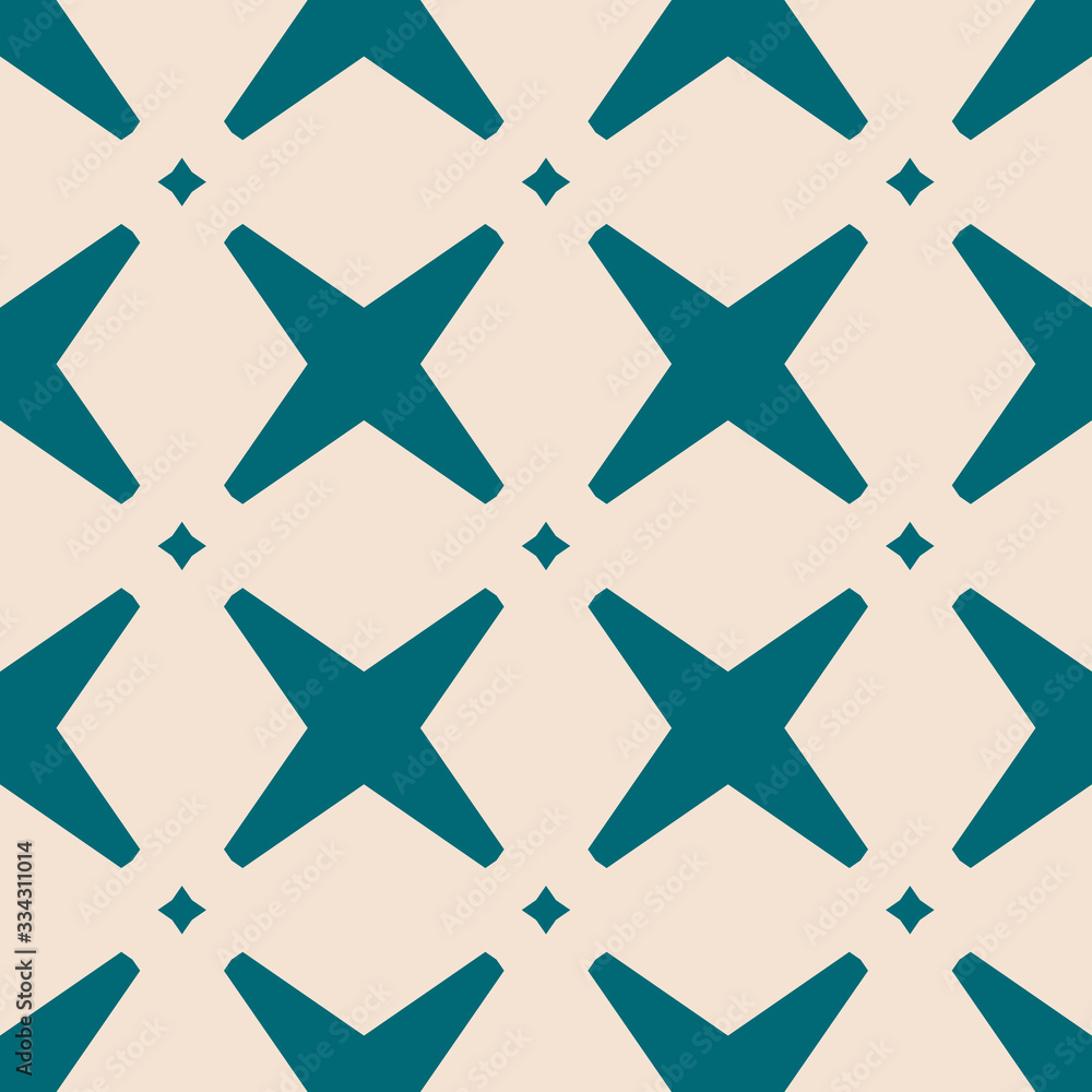 Vector abstract geometric seamless pattern with crosses and diamonds. Elegant background with grid, lattice, net, repeat tiles. Simple graphic ornament in teal and beige color. Stylish repeated design Vector abstract geometric seamless pattern with crosses and diamonds. Elegant background with grid, lattice, net, repeat tiles. Simple graphic ornament in teal and beige color. Stylish repeated design