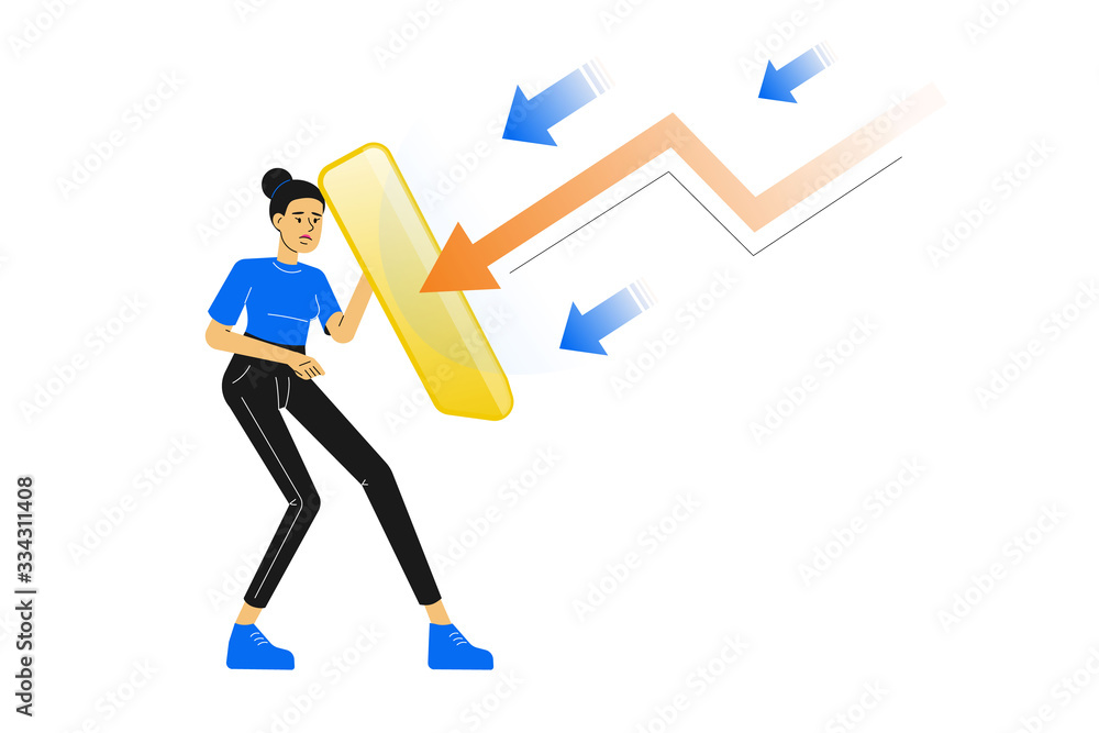 Business woman holds golden shield covering from arrow. Insurance, protection from dangers. Preventing financial risks. Bankruptcy. Economic crisis. Vector illustration Business woman holds golden shield covering from arrow. Insurance, protection from dangers. Preventing financial risks. Bankruptcy. Economic crisis. Vector illustration