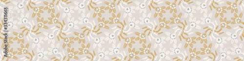 Seamless ornate medallion border pattern in french cream linen shabby chic style. Hand drawn floral damask bordure. Old white blue background.  Interior home decor edging. Ornate flourish ribbon trim