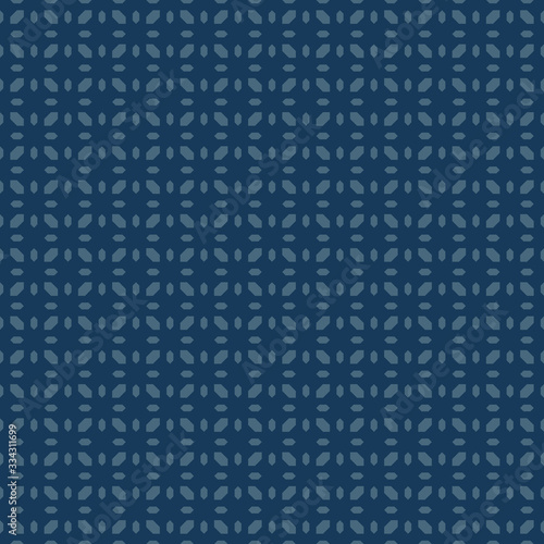 Floral geometric seamless pattern. Simple minimal vector ornament with small diamonds, flower shapes, grid. Elegant minimalist background. Subtle texture in dark blue color. Repeated geo design