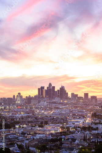 Los Angeles skyline at sunset.