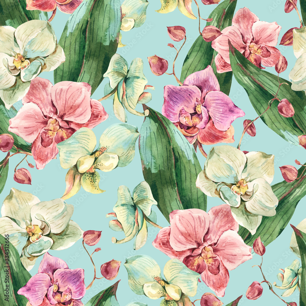 Natural vintage watercolor orchid seamless pattern, exotic flowers