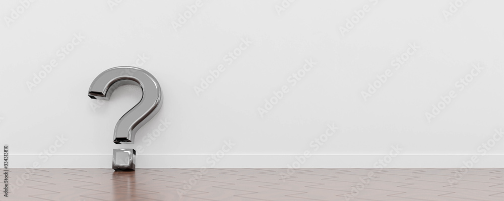 Question mark on wooden floor leaning against wall 3d render with copy ...