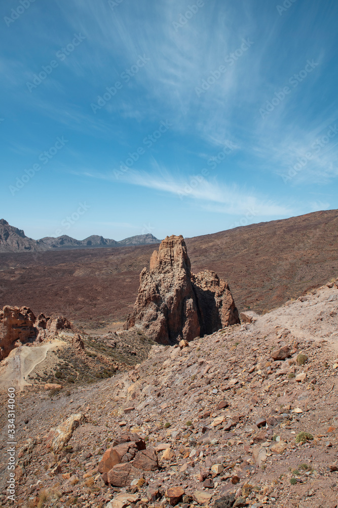 Peculiar Mars-like landscape as seen from the strategic viewpoint at Llano de Ucanca, revealing igneous rocks, solidified lava and volcanic ash, at Teide National Park, Tenerife, Canary Islands, Spain