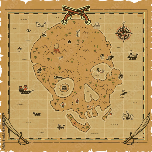 Vector treasure map with a skull-shaped island and pirates, ships, palm trees, a volcano, a shark, a mermaid, a compass, a treasure chest, a frame, a cannon, a rum bottle, a kraken and more.
