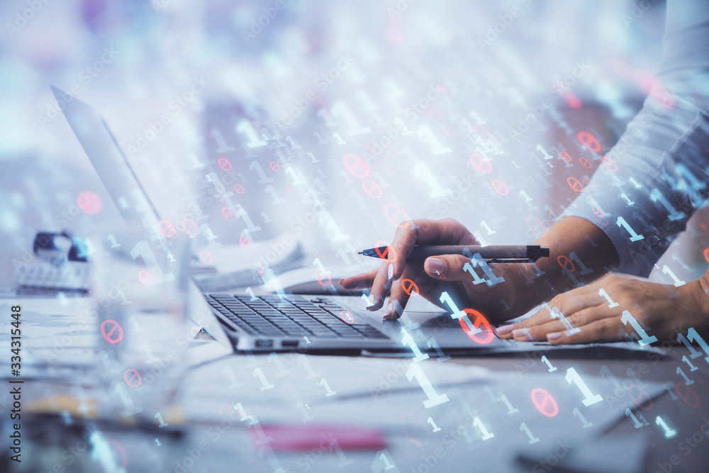Double exposure of woman hands working on computer and data theme hologram drawing. Tech concept. Double exposure of woman hands working on computer and data theme hologram drawing. Tech concept.
