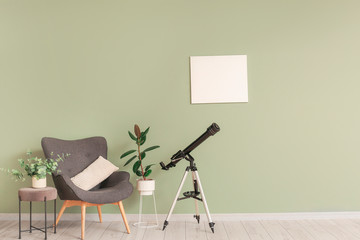 Interior of modern room with telescope