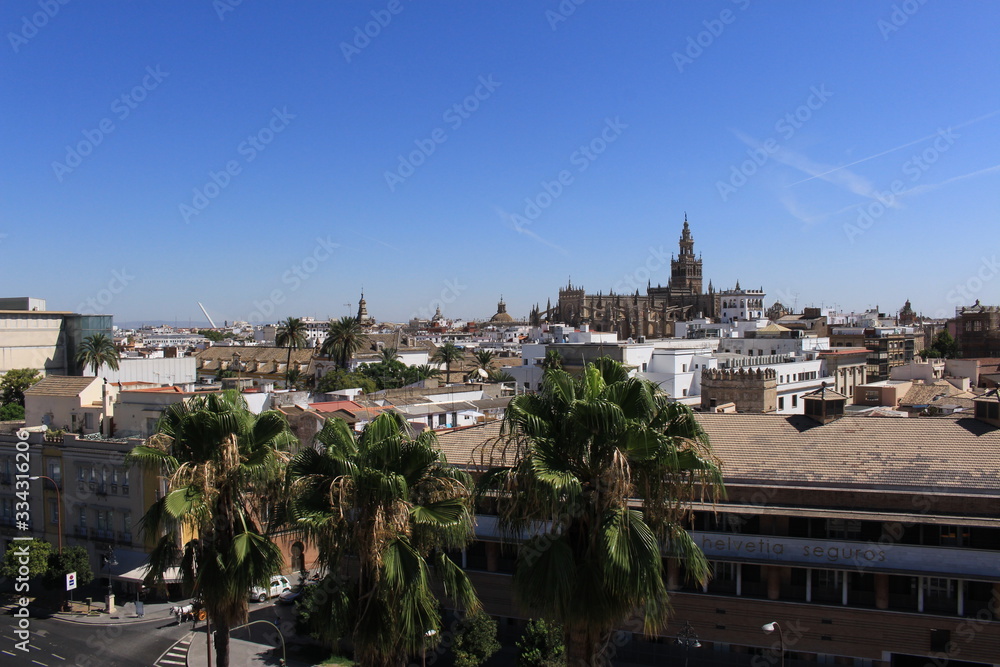 Aerial view of Cathedral of Saint Mary of the See (Seville Cathedral) and old city center, captured from Tower of Gold (Torre del Oro) in Seville, Andalusia, Spain.