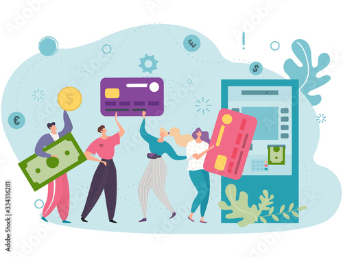 Concept convenient use plastic cards customers using an ATM. Vector illustration. People, men and women stand in line for cash transactions at an ATM. Availability in using different currencies