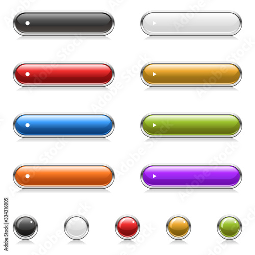 Vector set of chrome buttons with rounded corners in various colors (black, white, red, yellow, blue, green, orange, purple). Blank, isolated on white and easily editable.