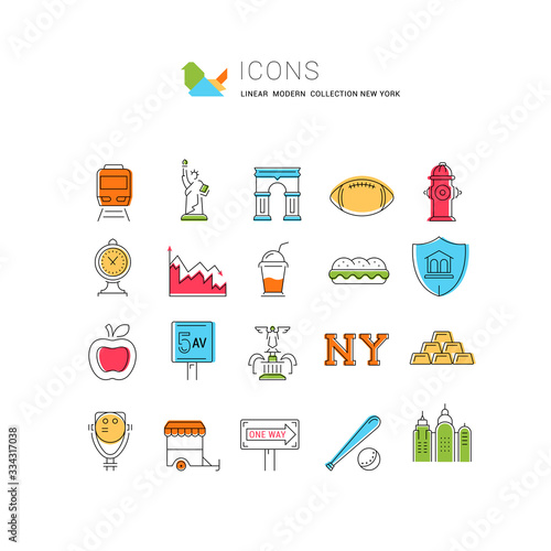 Set Vector Flat Line Icons New York
