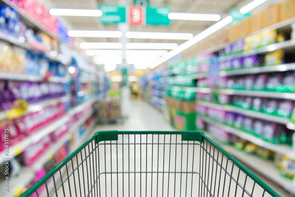 supermarket shopping cart view with blackground blur