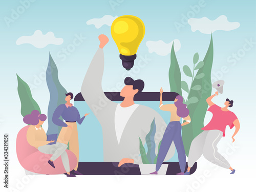 Concept effective collaboration in finding an innovative idea and solving problems for a successful business start-up vector illustration. Men and women in process brainstorming and search for insight