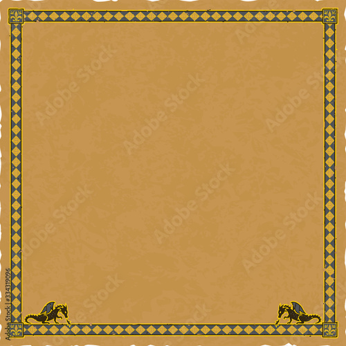 Vector drawing of a square medieval fantasy frame with fire-breathing dragons on a worn parchment paper background. Can represent the Middle Ages, a quest, ancient times, European mythology, etc.