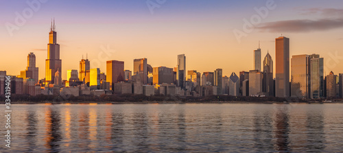 Chicago downtown skyline sunset Lake Michigan with most Iconic building from Adler Planetarium, Illinois © nuinthesky