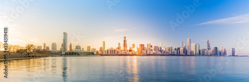 Panorama Chicago downtown skyline sunset Lake Michigan with most Iconic building from Adler Planetarium  Illinois