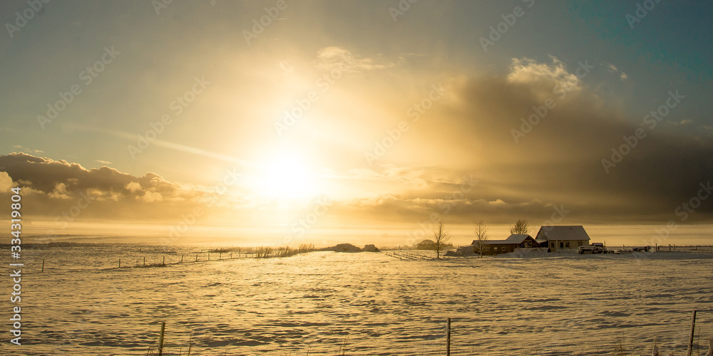 One of the peaceful sunset in Iceland, Europe in winter. Escape to Viking`s land and relax.