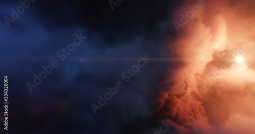 Central stars carved out a cavernous bowl-like cavity in the wall of a giant cloud nebula  ultraviolet radiation and stellar winds. Stellar system and gas nebula. 3D render