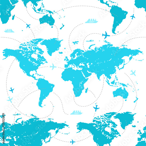 Vector seamless pattern of the map of the world. Template for prints, wallpapers about traveling. Silhouettes of continents and oceans for business projects, as a background for modern infographics. photo