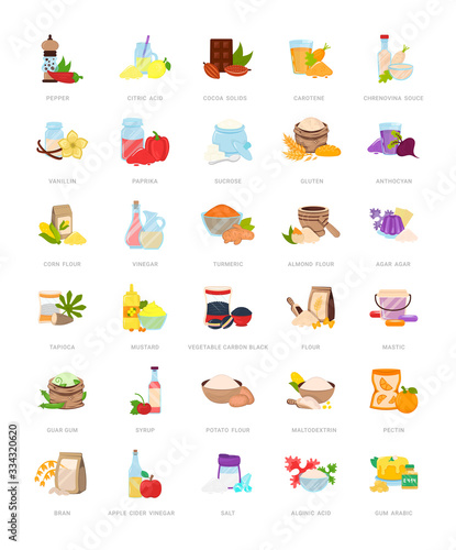 Set of vector isolated illustrations of food and drink additives, e, flavor enhancers, sauces, flours, syrups, spices, nature flavorings, artificial dressings, seasonings, and other substances.