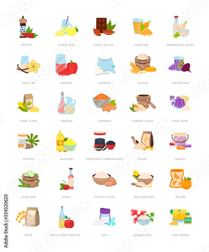 Set of vector isolated illustrations of food and drink additives, e, flavor enhancers,  sauces, flours, syrups, spices, nature flavorings, artificial dressings, seasonings, and other substances.