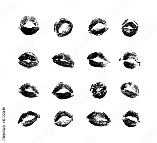 Vector collection of textured kisses imprints isolated on a white background. Romantic and erotic set of monochrome templates of stamps lips for your design.