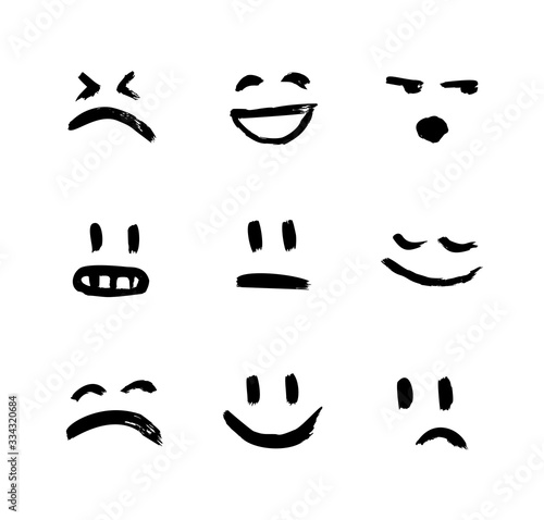 Set of vector emoticons, smiley, kaomoji, and mood expressions. Modern grunge, textured emoji looks like graffiti for any projects, prints, and web interfaces. Excellent templates for your design.