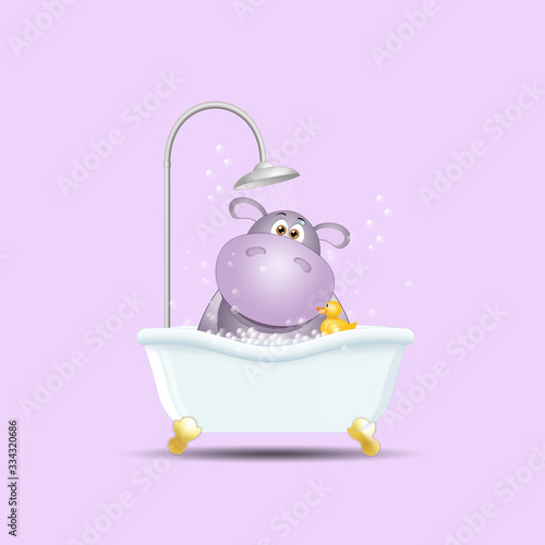 an illustraiton of happy hippo on shower for grooming photo