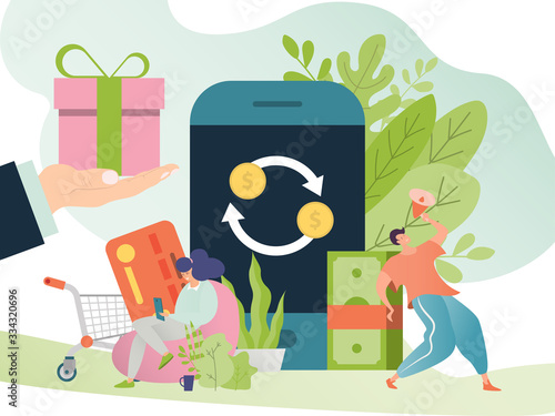 Cash back vector illustration. Cashback money growth, offer return coins to wallet concept. Flat tiny cartoon people with credit card shopping online on app phone, bonus reward for purchases banner