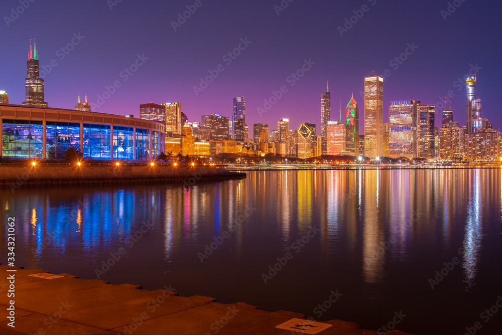 Chicago Skyline Cityscape at night with lake in front and  blue sky with cloud, Chicago, United state