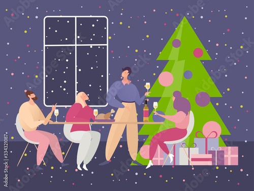 Christmas party vector illustration. Cartoon happy flat people sitting at table for festive dinner, man woman adult friends character have fun on Christmas celebration, celebrate New Year holiday